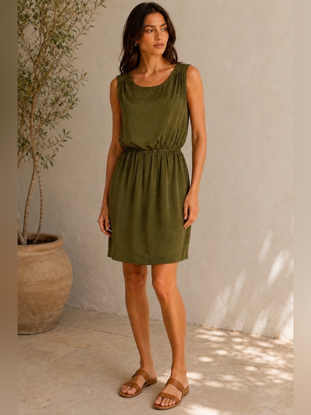 B&B  100% Silk Olive  Green Beaded Sleeveless Blouson Dress Tank Summer Size 0